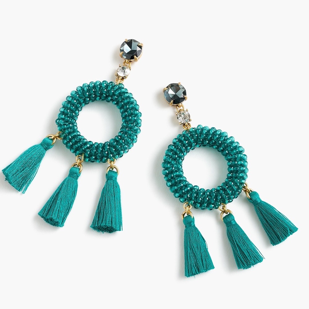 {J.Crew} Stone and tassel earrings - dark jade - 3 1/2”